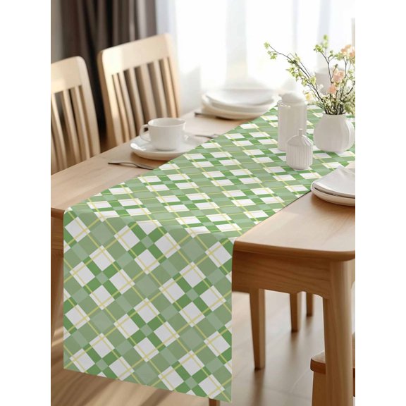 Burlap Table Runner 48 Inches Long, Modern Green White Abstract Plaid Non-Slip Kitchen Table Runners for Dining Room Everyday Use Party Table Decorations Chic Buffalo Tartan