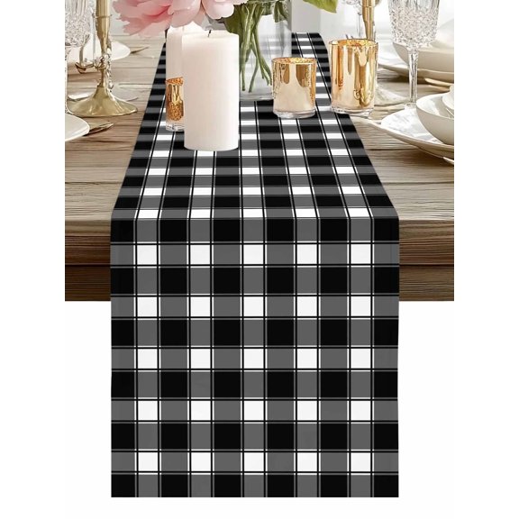Burlap Table Runner 48 Inches Long, Modern Minimalist Buffalo Plaid Non-Slip Kitchen Table Runners for Dining Room Everyday Use Party Table Decorations Black White Checkered