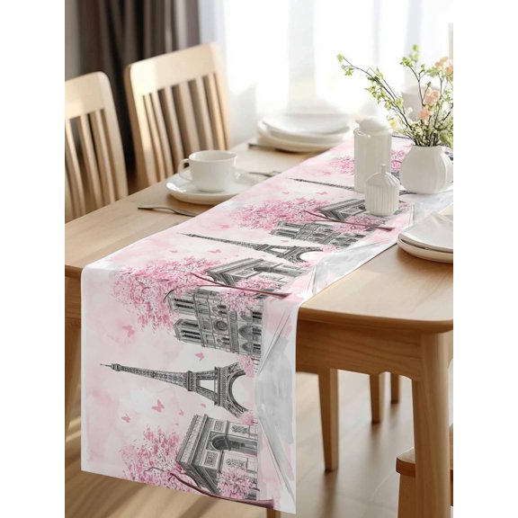 Burlap Table Runner 48 Inches Long, Modern Pink Flower Paris Landmarks Non-Slip Kitchen Table Runners for Dining Room Everyday Use Party Table Decorations Towel Architecture