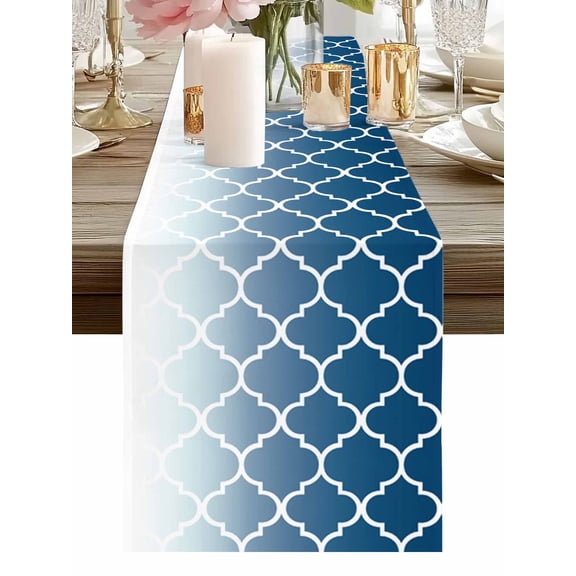 Burlap Table Runner 48 Inches Long, Moroccan Blue Lattice Non-Slip Kitchen Table Runners for Dining Room Everyday Use Party Table Decorations White Gradient Geometric Art