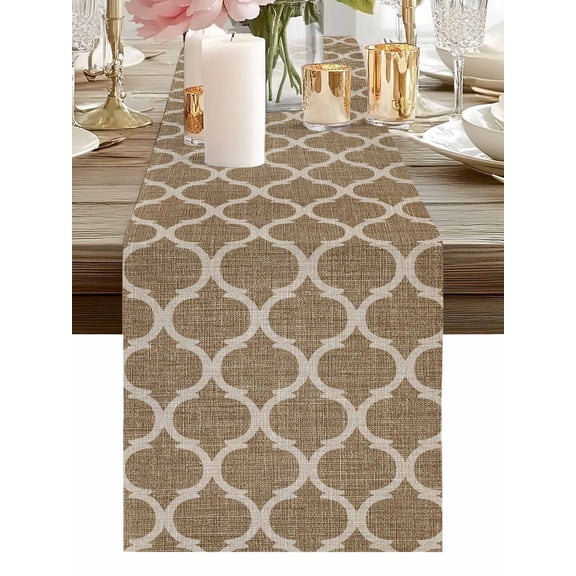 Burlap Table Runner 48 Inches Long, Moroccan Geometric Style Non-Slip Kitchen Table Runners for Dining Room Everyday Use Party Table Decorations Vintage Brown Linen Texture