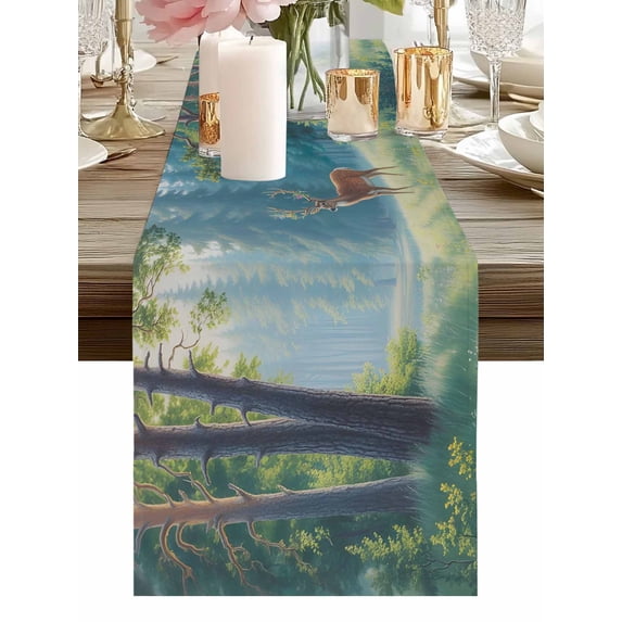 Burlap Table Runner 48 Inches Long, Natural Forest Trees Wild Elk Non-Slip Kitchen Table Runners for Dining Room Everyday Use Party Table Decorations Nature Scenery