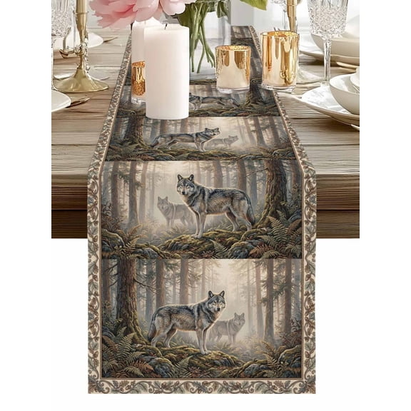 Burlap Table Runner 48 Inches Long, Natural Wild Wolf Forest Scenery Non-Slip Kitchen Table Runners for Dining Room Everyday Use Party Table Decorations Animal Botanical Tree Plant