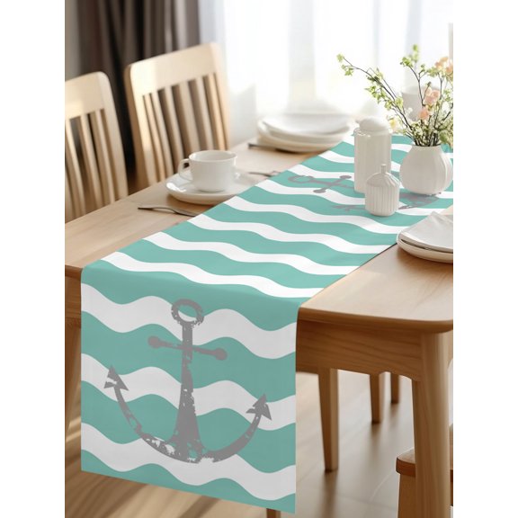 Burlap Table Runner 48 Inches Long, Nautical Anchor Teal Zigzag Ripple Chevron Non-Slip Kitchen Table Runners for Dining Room Everyday Use Party Table Decorations Grey Anchors Summer Ocean Theme