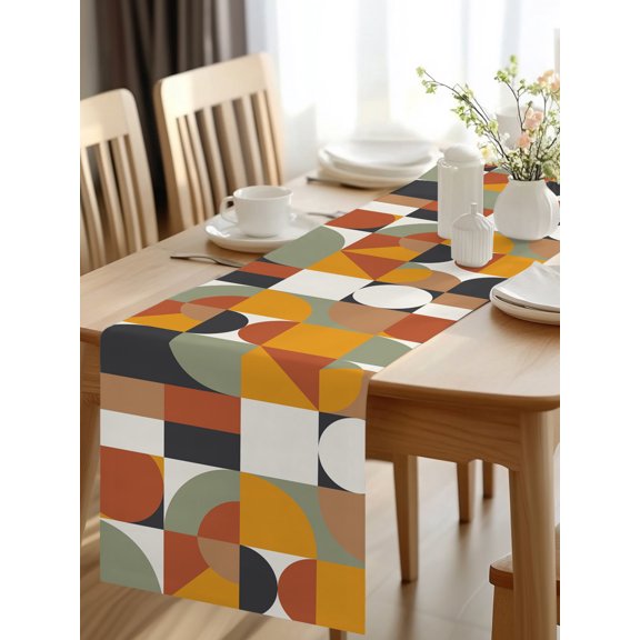 Burlap Table Runner 48 Inches Long, Nordic Mid Century Retro Color Block Non-Slip Kitchen Table Runners for Dining Room Everyday Use Party Table Decorations Abstract Geometric Half Circle