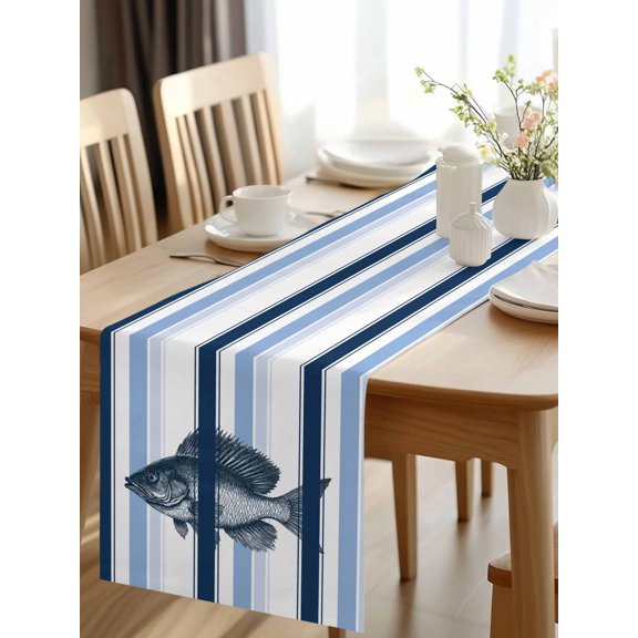 Burlap Table Runner 48 Inches Long, Ocean Fish Blue Stripe Non-Slip Kitchen Table Runners for Dining Room Everyday Use Party Table Decorations Watercolor Marine Life Line Theme