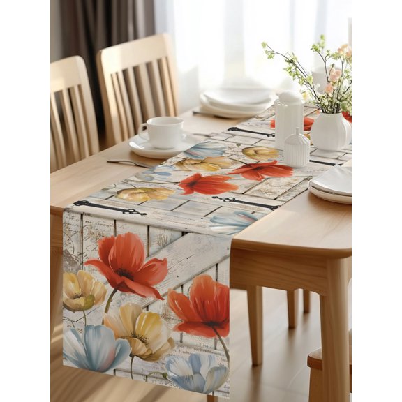 Burlap Table Runner 48 Inches Long, Ombre Red Yellow Tulip Barn Door Non-Slip Kitchen Table Runners for Dining Room Everyday Use Party Table Decorations Country Wooden Plank