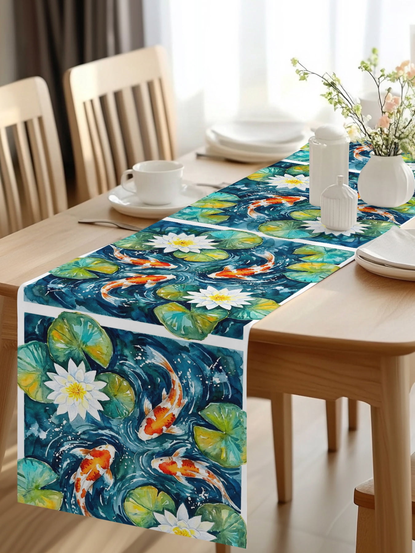 Burlap Table Runner 48 Inches Long, Orange Fish Scales Lotus Green ...