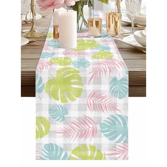 Burlap Table Runner 48 Inches Long, Pink Blue Green Monstera Leaves Non-Slip Kitchen Table Runners for Dining Room Everyday Use Party Table Decorations Gray White Background