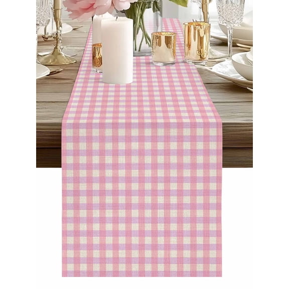 Burlap Table Runner 48 Inches Long, Pink Gingham on Linen Non-Slip Kitchen Table Runners for Dining Room Everyday Use Party Table Decorations Modern Plaid Lattice