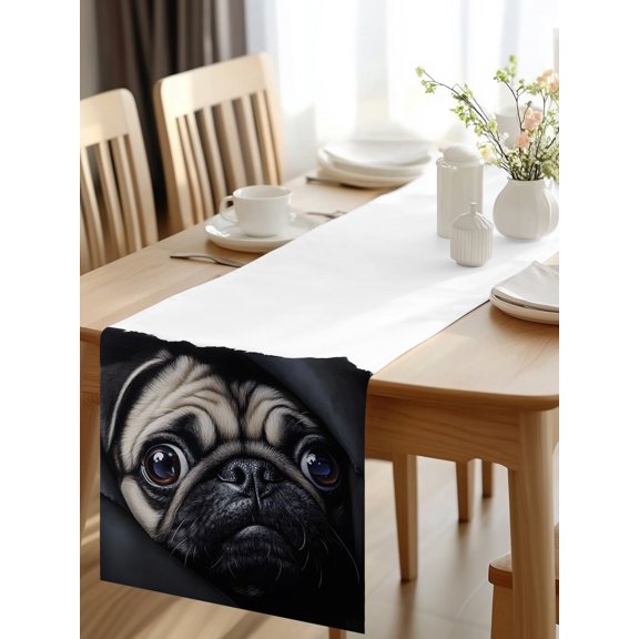 Burlap Table Runner 48 Inches Long, Realistic Pug Dog Pattern Non-Slip Kitchen Table Runners for Dining Room Everyday Use Party Table Decorations Dark Background