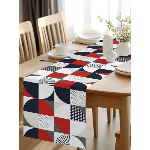 Burlap Table Runner 48 Inches Long, Red Block Mid Century Style Non-Slip Kitchen Table Runners for Dining Room Everyday Use Party Table Decorations Abstract Geometric White Polka Dot