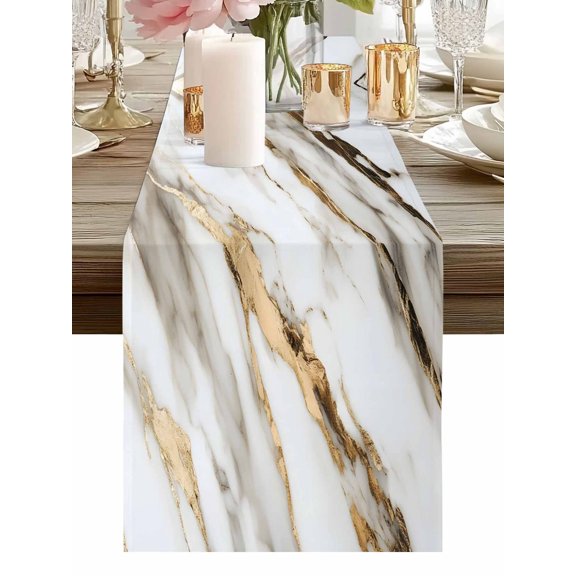 Burlap Table Runner 48 Inches Long, Retro Marble Waves Seamless Non-Slip Kitchen Table Runners for Dining Room Everyday Use Party Table Decorations Abstract Texture Golden Veins