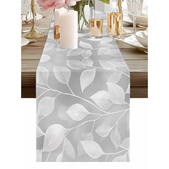 Burlap Table Runner 48 Inches Long, Retro Plant Leaves Non-Slip Kitchen Table Runners for Dining Room Everyday Use Party Table Decorations Abstract Grey Botanical Background