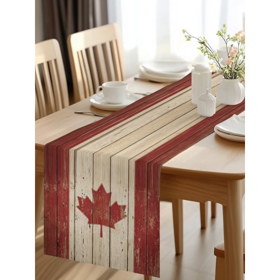 Burlap Table Runner 48 Inches Long, Retro Wooden Stripes Maple Leafs Non-Slip Kitchen Table Runners for Dining Room Everyday Use Party Table Decorations Country Red Brown Plank