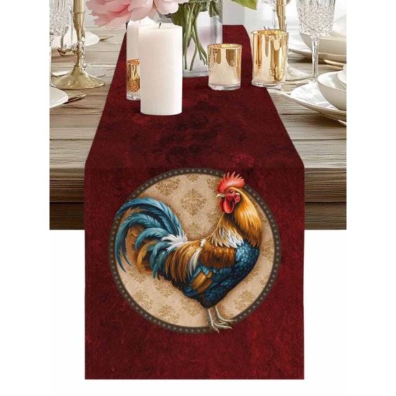 Burlap Table Runner 48 Inches Long, Rustic Farm Rooster on Retro Texture Non-Slip Kitchen Table Runners for Dining Room Everyday Use Party Table Decorations Red Marble Agate