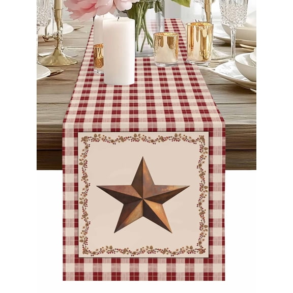 Burlap Table Runner 48 Inches Long, Rustic Western Star Berry Lace Non-Slip Kitchen Table Runners for Dining Room Everyday Use Party Table Decorations Retro Bufflo Red Checkered Edge