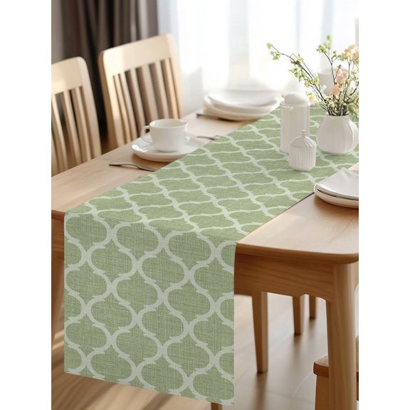 Burlap Table Runner 48 Inches Long, Sage Green Geometric Moroccan Non-Slip Kitchen Table Runners for Dining Room Everyday Use Party Table Decorations Mid Century Pattern