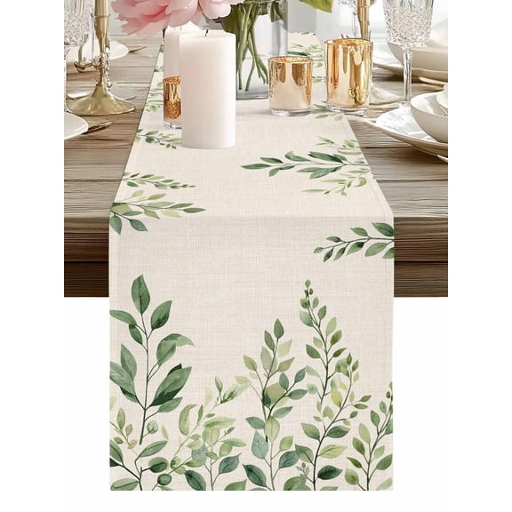 Burlap Table Runner 48 Inches Long, Sage Green Leaves Plant Non-Slip Kitchen Table Runners for Dining Room Everyday Use Party Table Decorations Spring Botanical Retro Linen