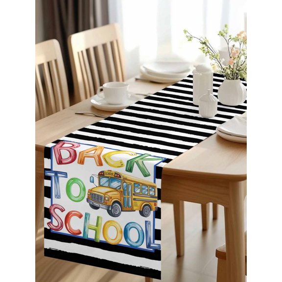 Burlap Table Runner 48 Inches Long, School Season Yellow Bus Non-Slip Kitchen Table Runners for Dining Room Everyday Use Party Table Decorations Black White Stripes