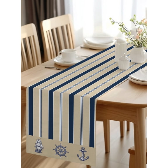Burlap Table Runner 48 Inches Long, Sea Blue Stripes Non-Slip Kitchen Table Runners for Dining Room Everyday Use Party Table Decorations Ships Rudder Anchors on Brown