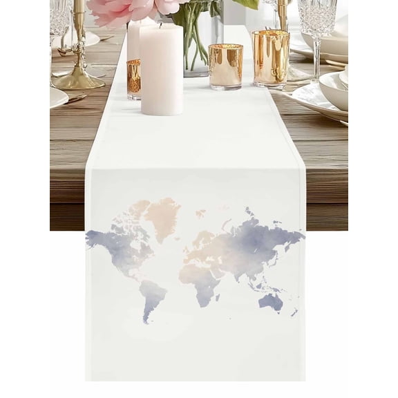 Burlap Table Runner 48 Inches Long, Soft Watercolor World Map Non-Slip Kitchen Table Runners for Dining Room Everyday Use Party Table Decorations Minimalist Travel Art Print
