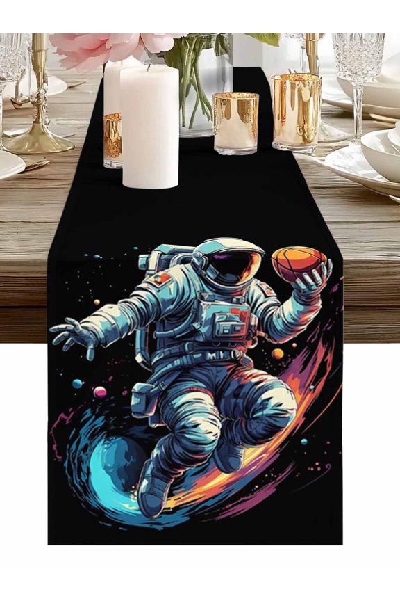 Burlap Table Runner 48 Inches Long, Space Man Playing Basketball Sport Non-Slip Kitchen Table Runners for Dining Room Everyday Use Party Table Decorations Ball Game on Black