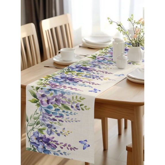 Burlap Table Runner 48 Inches Long, Spring Butterfly Wisteria Flowers ...