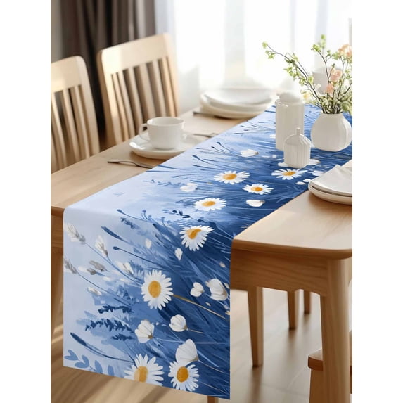 Burlap Table Runner 48 Inches Long, Spring Daisy Flower Blue Leaves Non ...