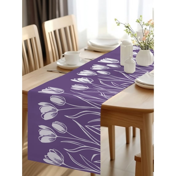 Burlap Table Runner 48 Inches Long, Spring Garden Tulip on Purple Non ...