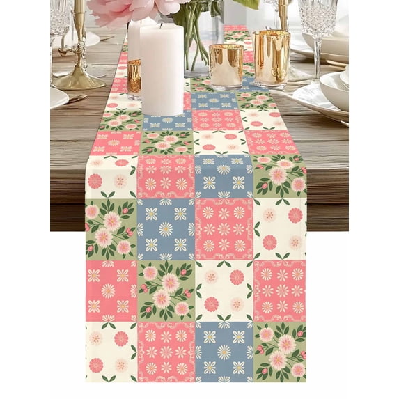 Burlap Table Runner 48 Inches Long, Spring Watercolor Flowers Non-Slip Kitchen Table Runners for Dining Room Everyday Use Party Table Decorations Blue Pink Splicing Patches