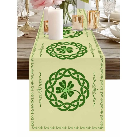 Burlap Table Runner 48 Inches Long, St. Patrick's Day Celtic Cone Non-Slip Kitchen Table Runners for Dining Room Everyday Use Party Table Decorations Green Lucky Shamrock on Beige