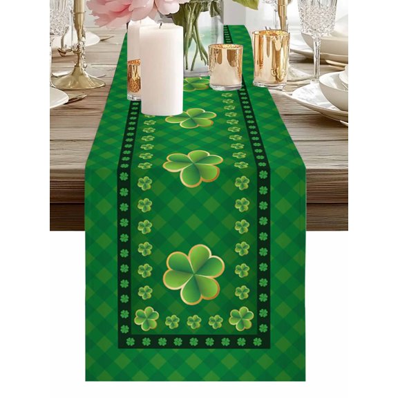 Burlap Table Runner 48 Inches Long, St. Patrick's day Celtic Knots Lucky Green Clover Non-Slip Kitchen Table Runners for Dining Room Everyday Use Party Table Decorations Buffalo Plaid