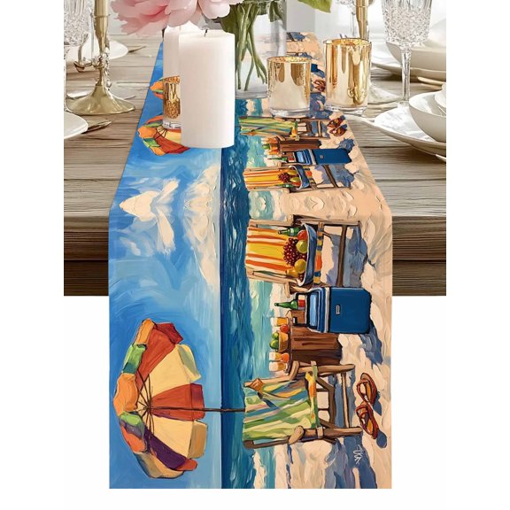 Burlap Table Runner 48 Inches Long, Summer Beach Vacation Camping Non-Slip Kitchen Table Runners for Dining Room Everyday Use Party Table Decorations Chair Sun Umbrella Fruit Ocean