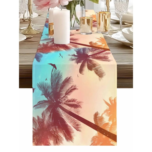 Burlap Table Runner 48 Inches Long, Summer Coconut Trees Non-Slip Kitchen Table Runners for Dining Room Everyday Use Party Table Decorations Vintage Sunset Palm Trees