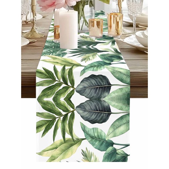 Burlap Table Runner 48 Inches Long, Summer Green Tropical Palm Leaves Non-Slip Kitchen Table Runners for Dining Room Everyday Use Party Table Decorations Watercolor Plant