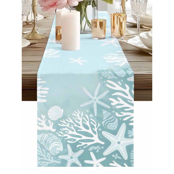 Burlap Table Runner 48 Inches Long, Summer Ocean Starfish Coral Non-Slip Kitchen Table Runners for Dining Room Everyday Use Party Table Decorations Ombre Mint Green Shell Conch