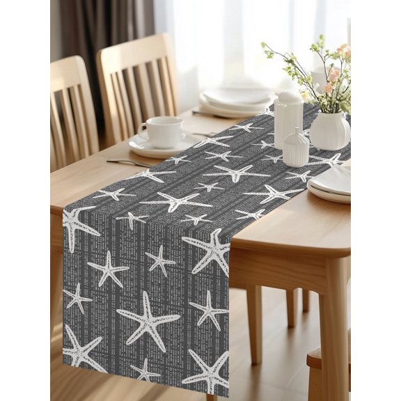 Burlap Table Runner 48 Inches Long, Summer Ocean Starfish Non-Slip Kitchen Table Runners for Dining Room Everyday Use Party Table Decorations Gray Background