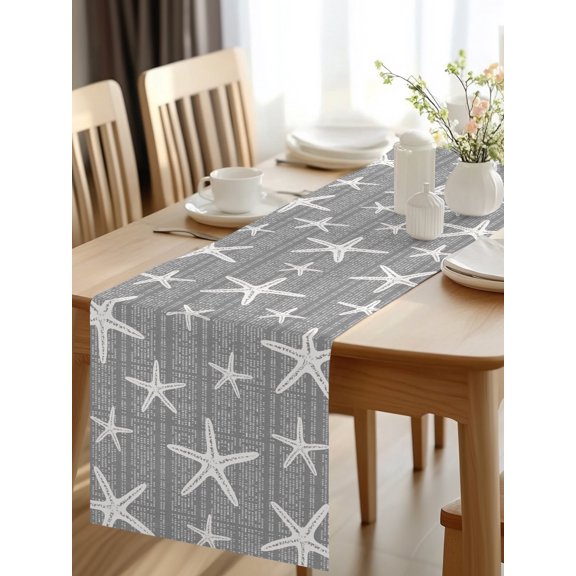 Burlap Table Runner 48 Inches Long, Summer Ocean Starfish Non-Slip Kitchen Table Runners for Dining Room Everyday Use Party Table Decorations Light Gray Background