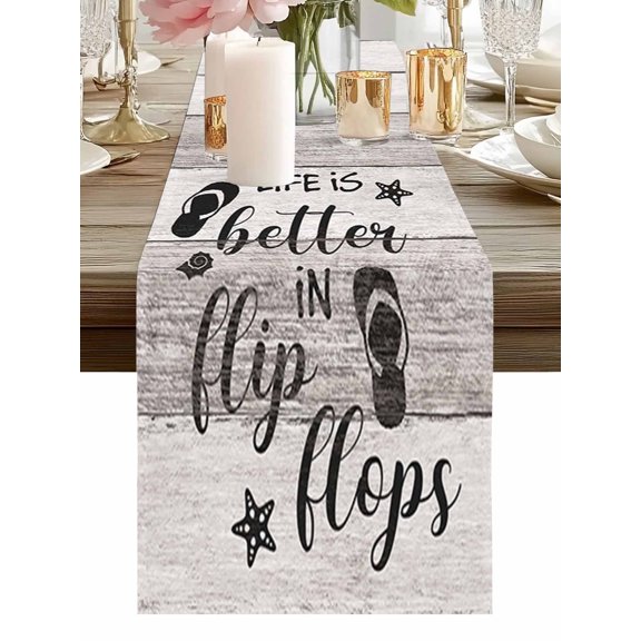 Burlap Table Runner 48 Inches Long, Summer Ocean Theme Texts with Flip Flops Non-Slip Kitchen Table Runners for Dining Room Everyday Use Party Table Decorations Wooden Grain