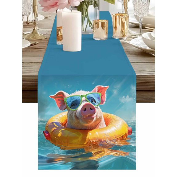 Burlap Table Runner 48 Inches Long, Summer Pigs Swimming Circles Non-Slip Kitchen Table Runners for Dining Room Everyday Use Party Table Decorations Abstract Animal Holidays