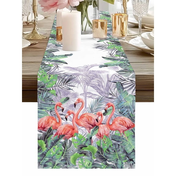 Burlap Table Runner 48 Inches Long, Summer Pink Flamingo Non-Slip Kitchen Table Runners for Dining Room Everyday Use Party Table Decorations Tropical Animal Palm Leaf Tree