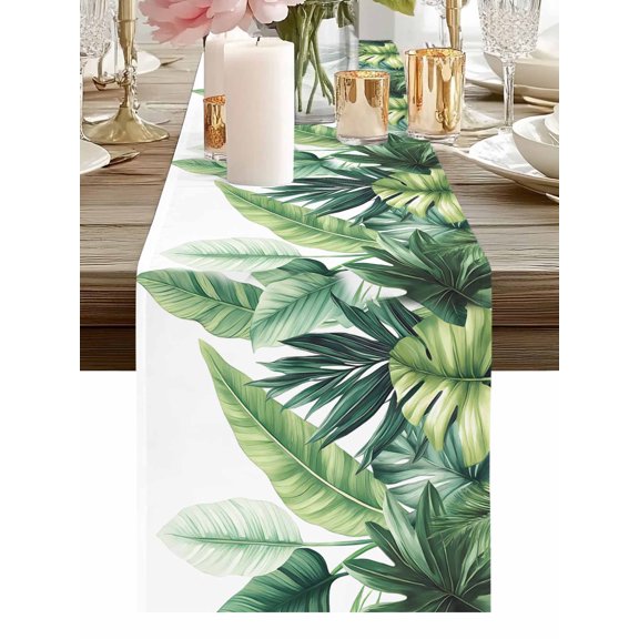 Burlap Table Runner 48 Inches Long, Summer Tropical Palm Leaf Non-Slip Kitchen Table Runners for Dining Room Everyday Use Party Table Decorations Modern Green Leaves