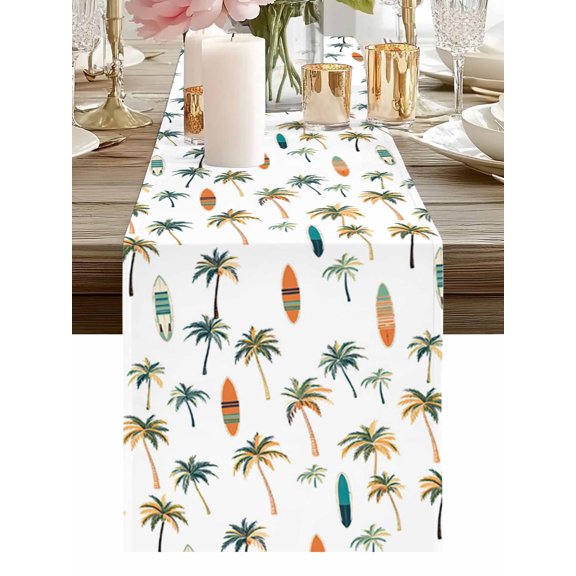 Burlap Table Runner 48 Inches Long, Summer Tropical Palm Tree Seamless Non-Slip Kitchen Table Runners for Dining Room Everyday Use Party Table Decorations Surfboard on White