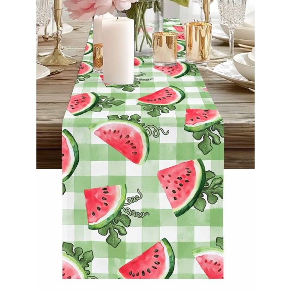 Burlap Table Runner 48 Inches Long, Summer Tropical Watermelon Non-Slip Kitchen Table Runners for Dining Room Everyday Use Party Table Decorations Green White Buffalo Plaid