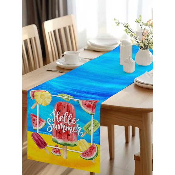 Burlap Table Runner 48 Inches Long, Summer Watercolor Fruit Ice-lolly Non-Slip Kitchen Table Runners for Dining Room Everyday Use Party Table Decorations Watermelon Pineapple Kiwi