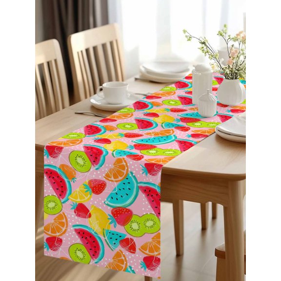 Burlap Table Runner 48 Inches Long, Summer Watermelon Strawberry Kiwi Non-Slip Kitchen Table Runners for Dining Room Everyday Use Party Table Decorations Farmhouse Fruit on Pink