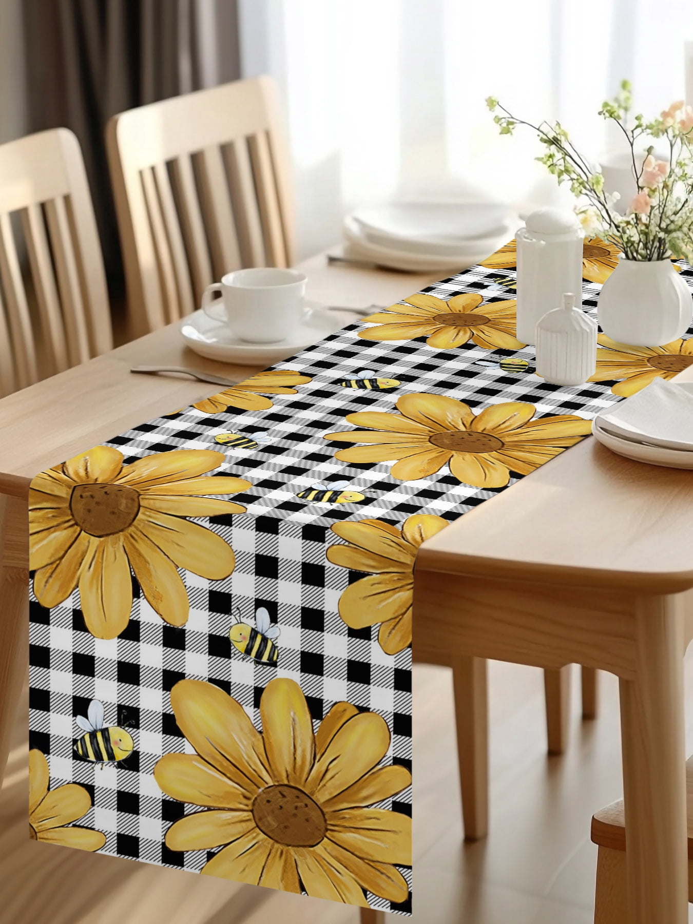 Burlap Table Runner 48 Inches Long, Summer Yellow Daisy Flower Bee Non ...