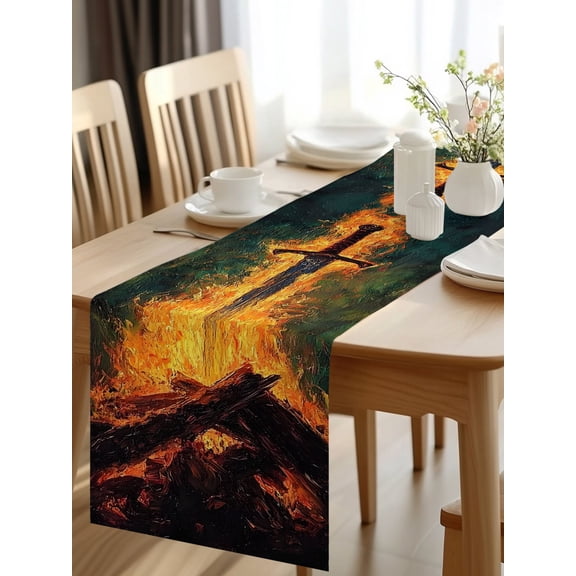 Burlap Table Runner 48 Inches Long, Sword in Fire Non-Slip Kitchen Table Runners for Dining Room Everyday Use Party Table Decorations Burning Wood Art