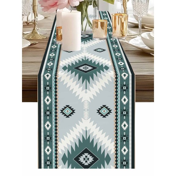 Burlap Table Runner 48 Inches Long, Teal Aztec Tribal Style Non-Slip Kitchen Table Runners for Dining Room Everyday Use Party Table Decorations Ethnic Southwest Native Pattern